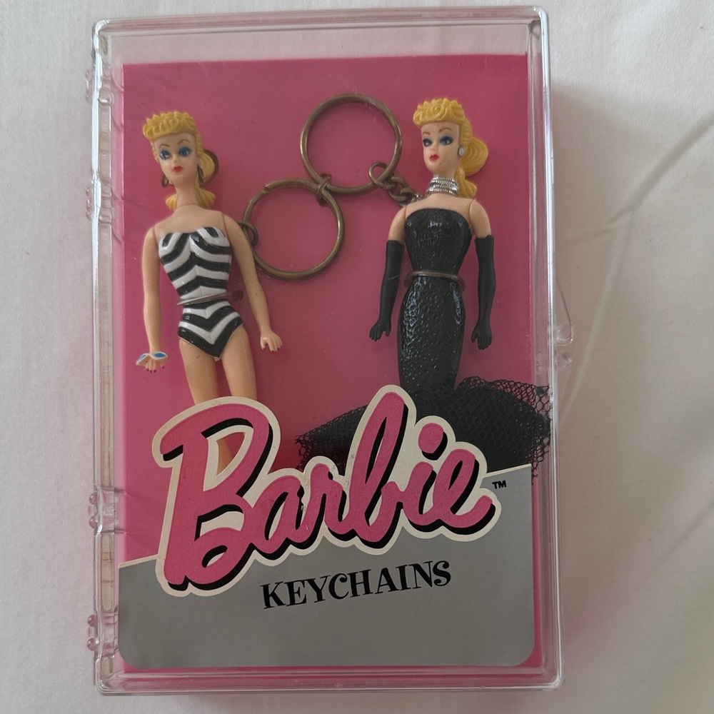 2 Vintage Barbie Keychains with Black and White Outfits